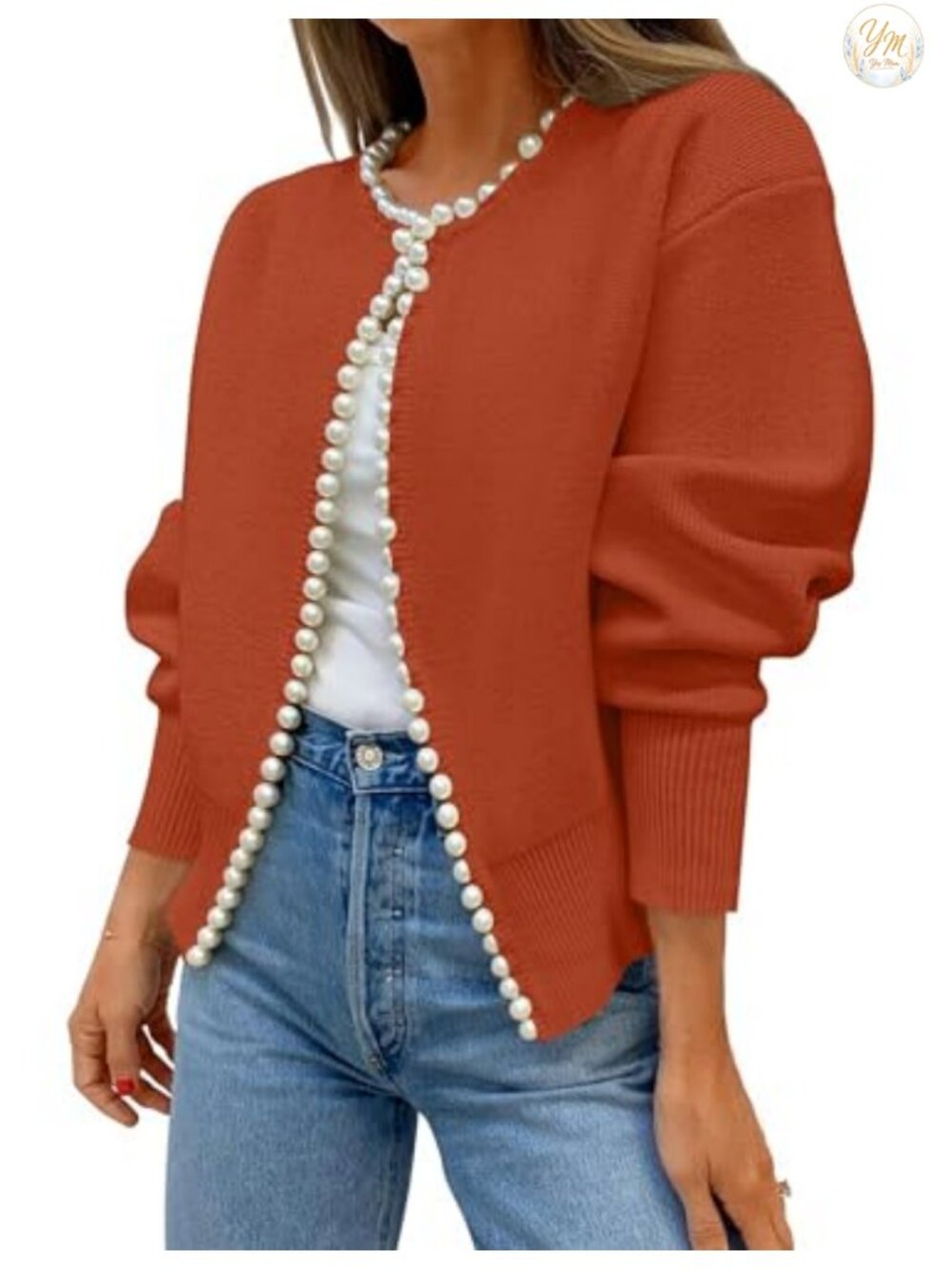 Pearl Trim Open Front Cardigan Sweater Long Sleeve Knit Coat